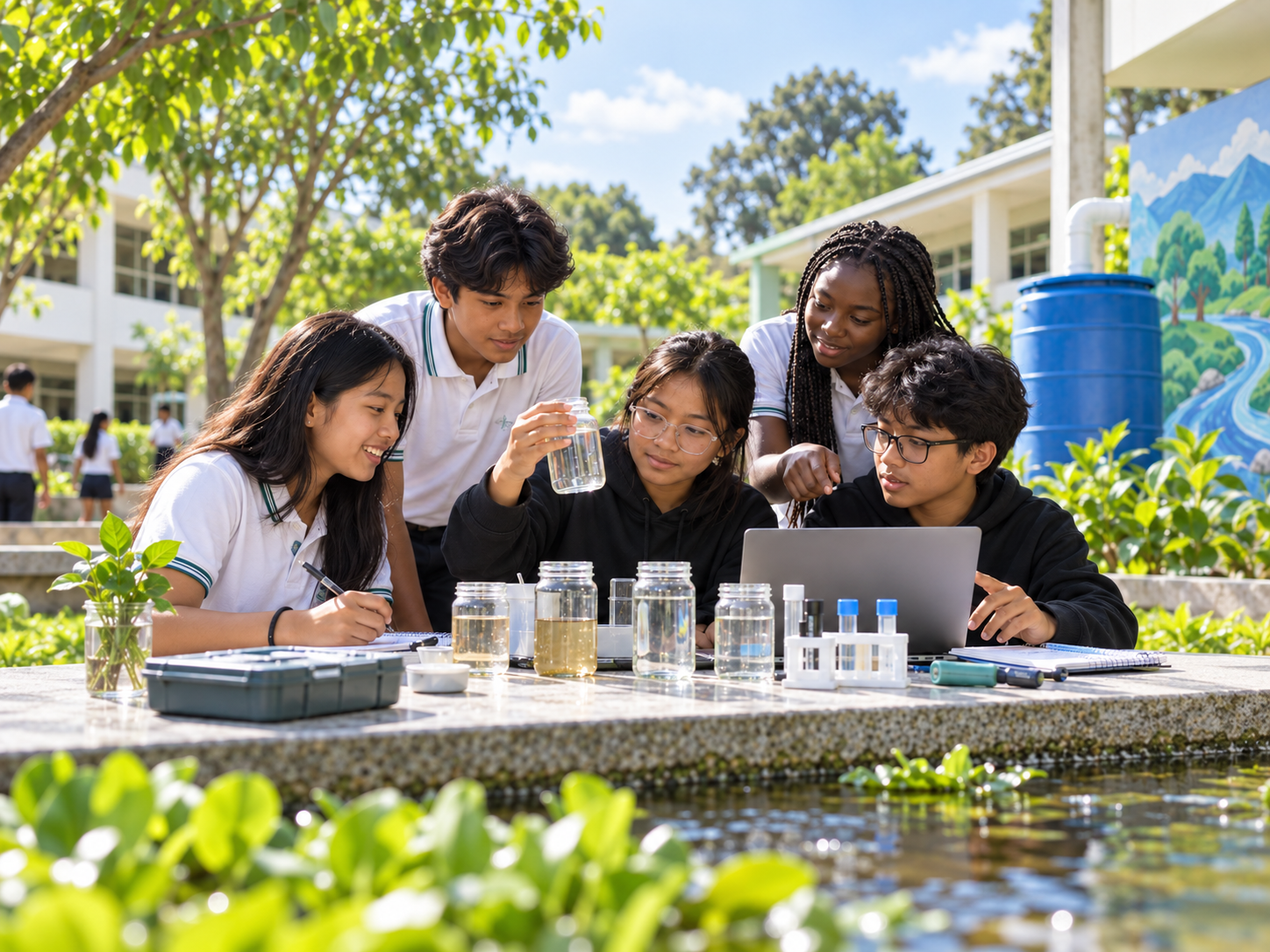 Students testing water samples in glass jars and analysing observations together with a laptop