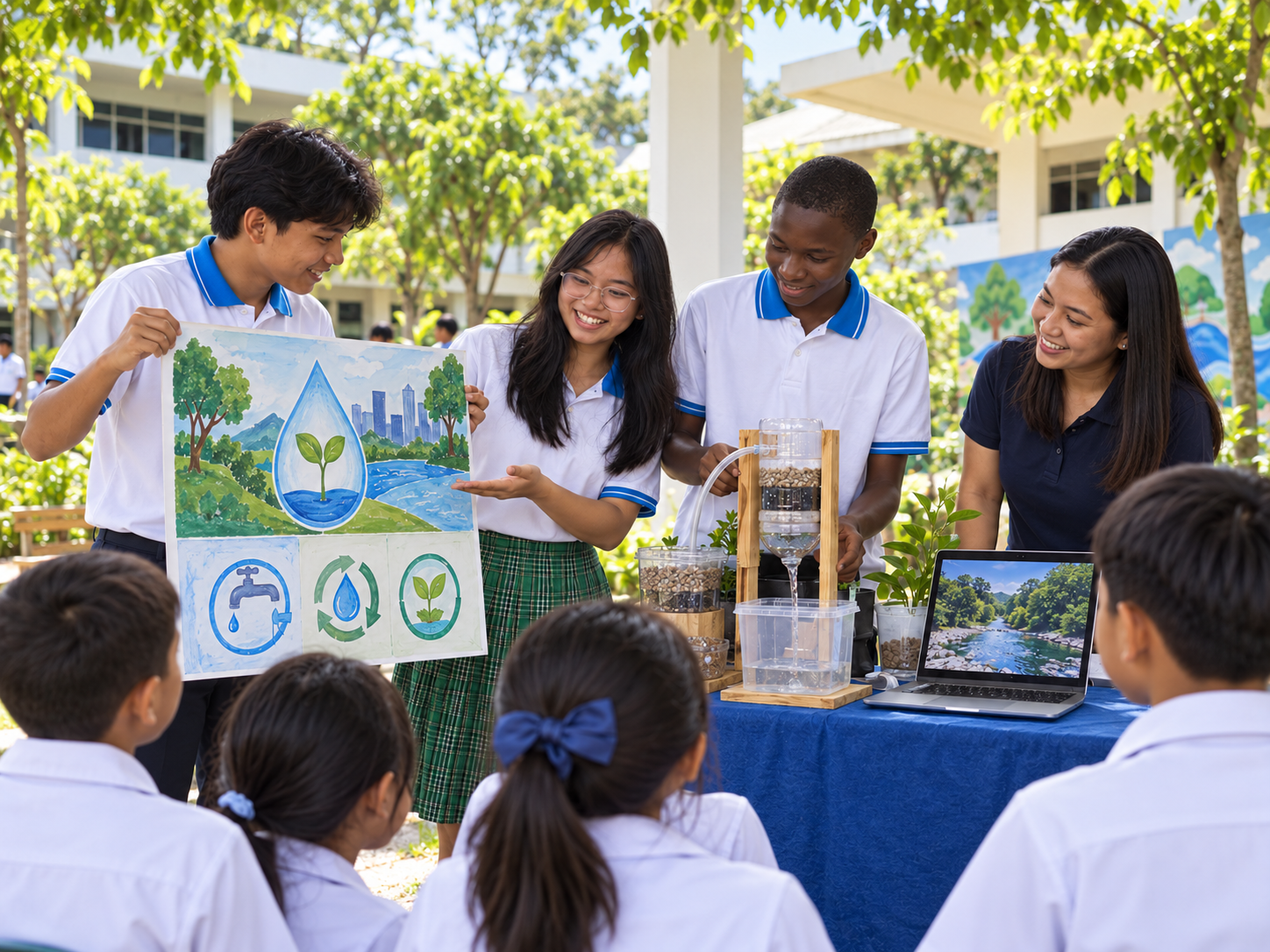 Students presenting their water conservation and filtration project to younger schoolmates